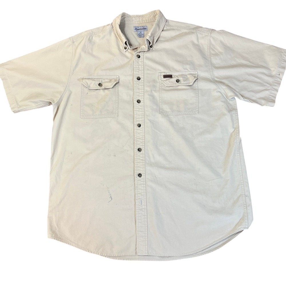 Carhartt Mens XL Tall Work Shirt Beige Button Short Sleeve Pocket Cotton As Is
